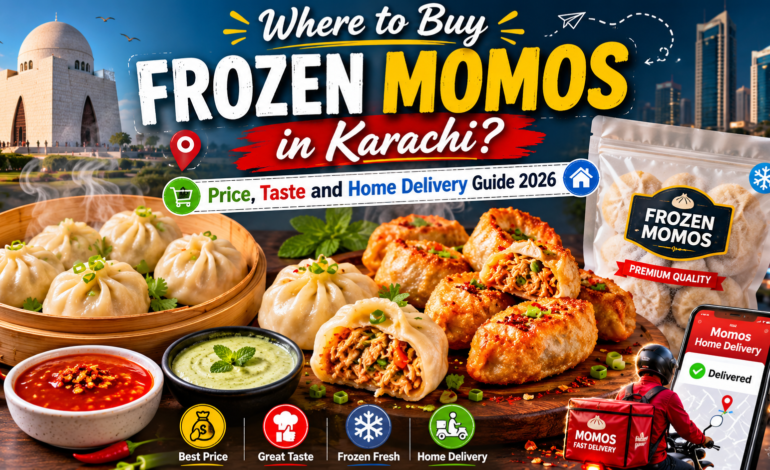 Frozen chicken momos in Karachi with chili sauce, fried and steamed dumplings, home delivery packaging, and Karachi skyline background.