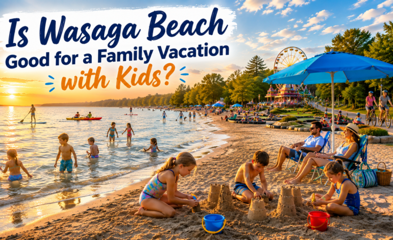 Happy family with kids building sandcastles and playing in the shallow waters of Wasaga Beach, Ontario during a summer family vacation.