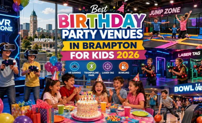 Kids enjoying a colorful indoor birthday party venue in Brampton featuring VR gaming, trampoline park, laser tag, bowling, balloons, birthday cake, and festive decorations in a fun family-friendly setting.