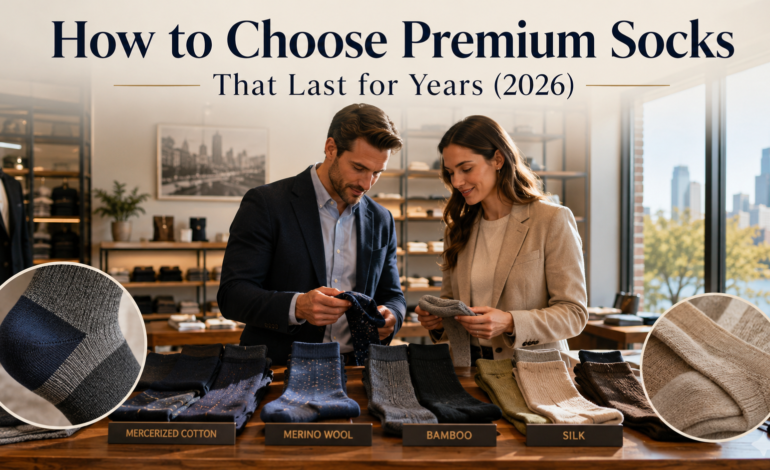 Premium socks shopping guide banner featuring luxury cotton, merino wool, bamboo, and silk socks with shoppers comparing quality materials in a modern retail store.