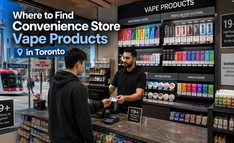 Toronto convenience store vape display with cashier ID check and modern retail interior.