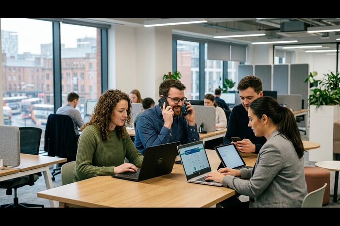 Employees using a Hosted phone system in a modern UK office