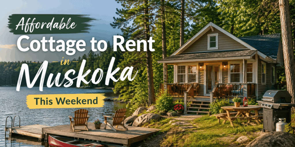 Affordable cottage rental in Muskoka, Ontario by a peaceful lake with private dock and outdoor seating.