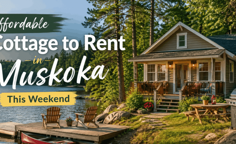 Affordable cottage rental in Muskoka, Ontario by a peaceful lake with private dock and outdoor seating.