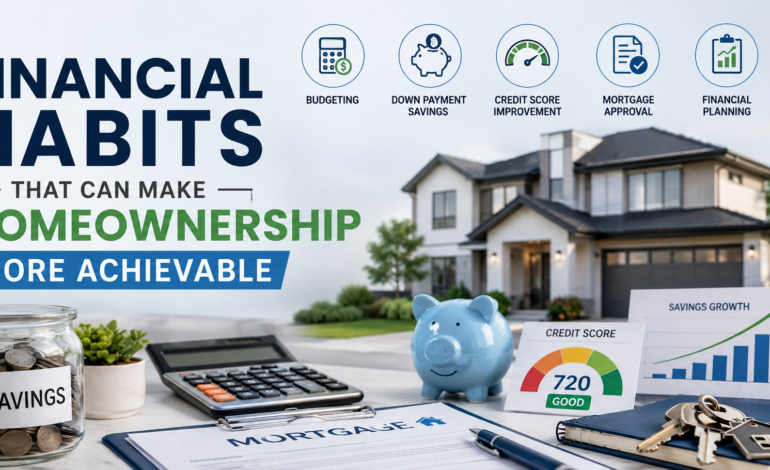 Financial planning banner showing a home, savings, budgeting tools, mortgage documents, and credit score elements for achieving homeownership.
