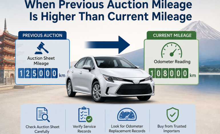 Previous auction mileage higher than current mileage on a Japanese used car.