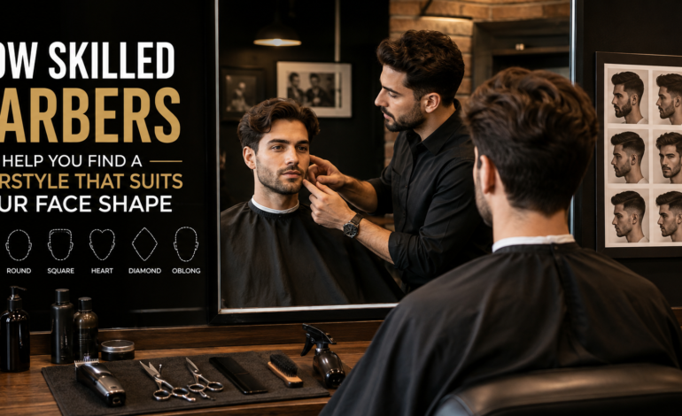 Professional barber consulting with a client to choose the best hairstyle based on face shape in a modern barbershop.