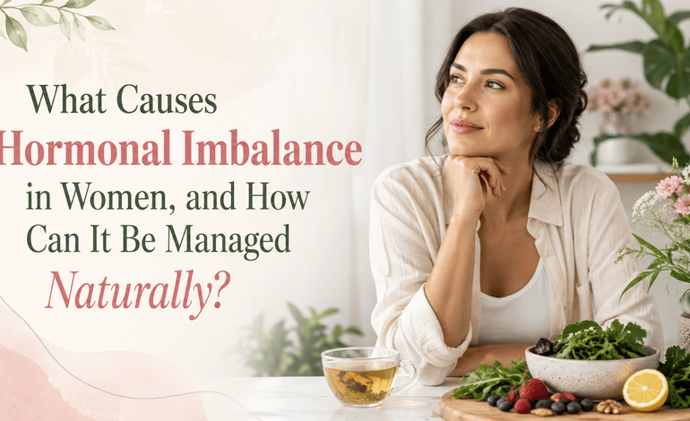 Smiling woman with dark hair resting her chin on her hand, seated at a table with herbal tea, a bowl of leafy greens, fresh berries, lemon, nuts, and flowers, next to the blog title “What Causes Hormonal Imbalance in Women, and How Can It Be Managed Naturally?”