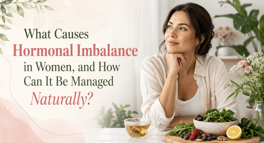 Smiling woman with dark hair resting her chin on her hand, seated at a table with herbal tea, a bowl of leafy greens, fresh berries, lemon, nuts, and flowers, next to the blog title “What Causes Hormonal Imbalance in Women, and How Can It Be Managed Naturally?”