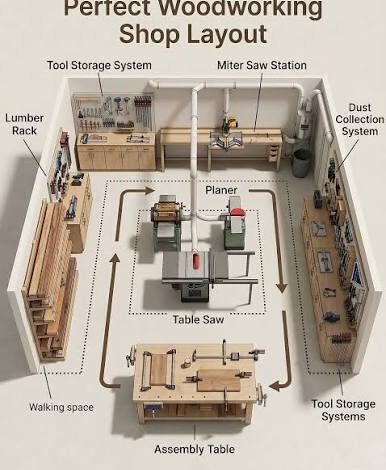 A sprawling, immaculately organized professional woodworking workshop featuring zoned machinery, heavy workbenches, and integrated dust collection.